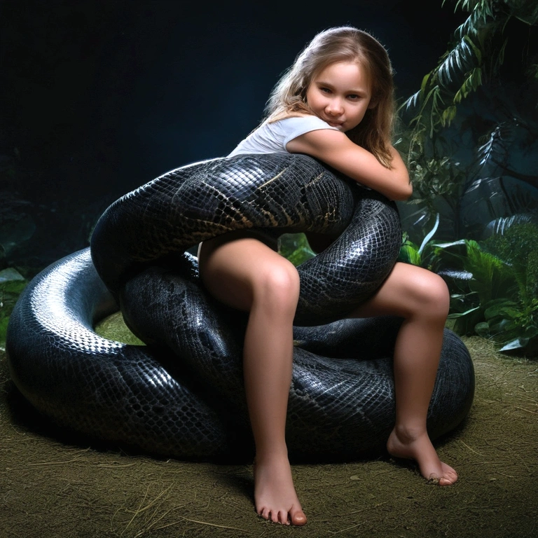 Happy Horny, aroused 1girl), beautiful kneeling young girl with giant colossal black titanboa squeezing her hard, wrapped in thick spiraling coils, constricted, struggle, gasping for air, snake attack, snake peril, moonless night, dim light