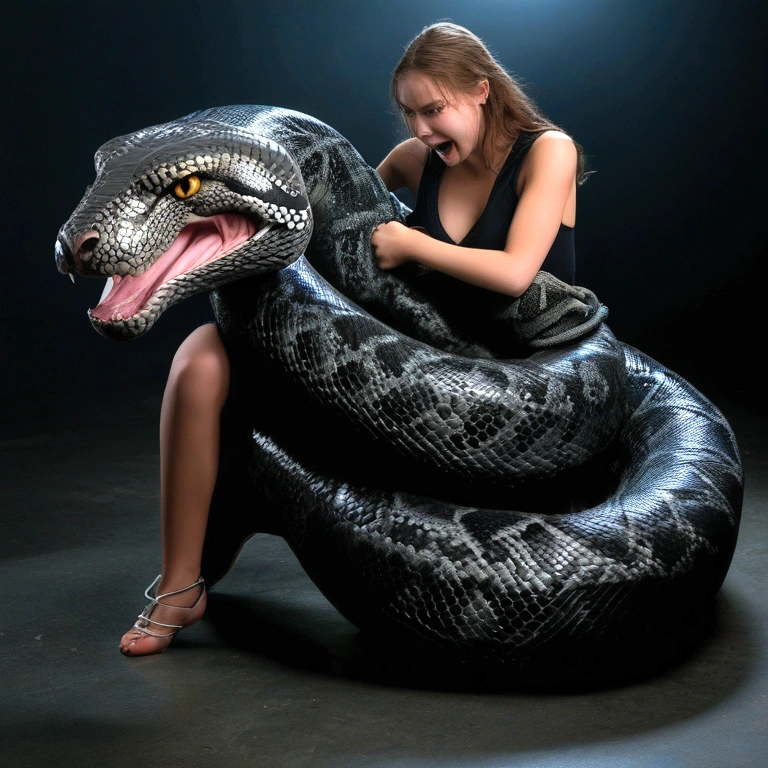  Happy Horny, aroused 1girl), beautiful kneeling  girl  with  giant colossal black titanboa  squeezing her hard, wrapped in thick spiraling coils, constricted, struggle, gasping for air, snake attack, snake peril, moonless night, dim light