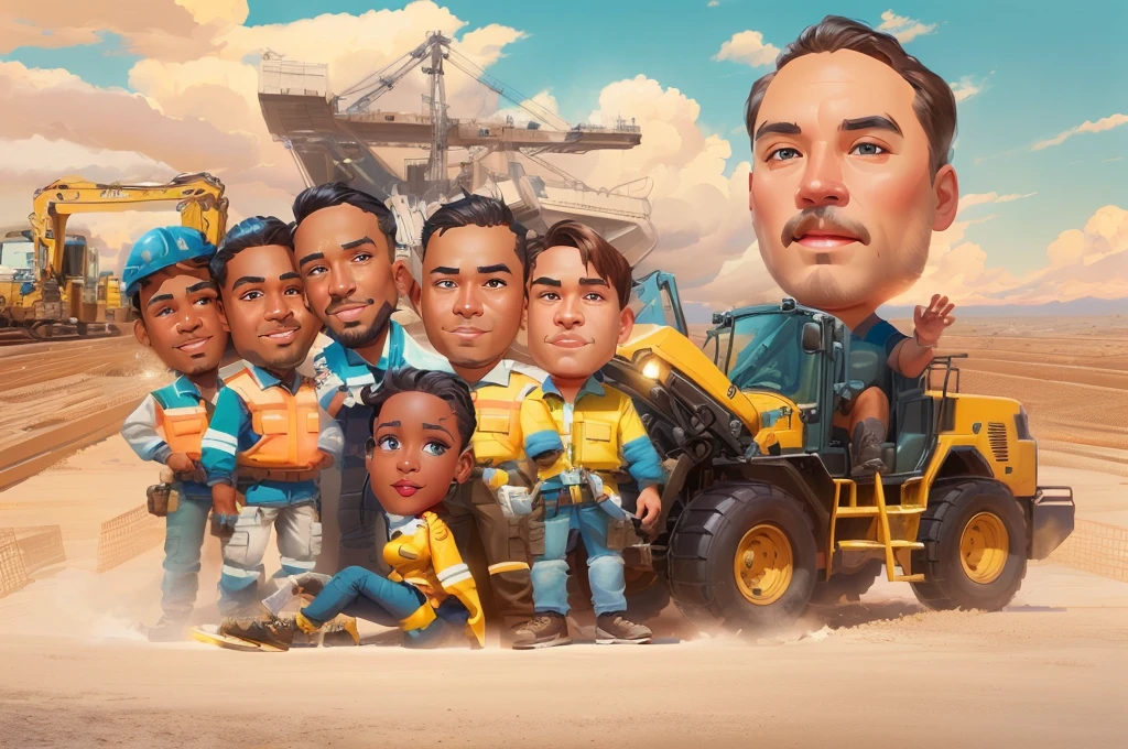 there are many people that are standing in front of a construction Yellow vehiclev, caricature illustration, proffesional illustration, caricature style, professional illustration, in cartoon style, caricature, official illustration, cartoon digital painting, cartoon digital art, cartoon artstyle, potrait, digital art cartoon, professional artwork, digital ilustration, fanart, parody work, stylized digital illustration