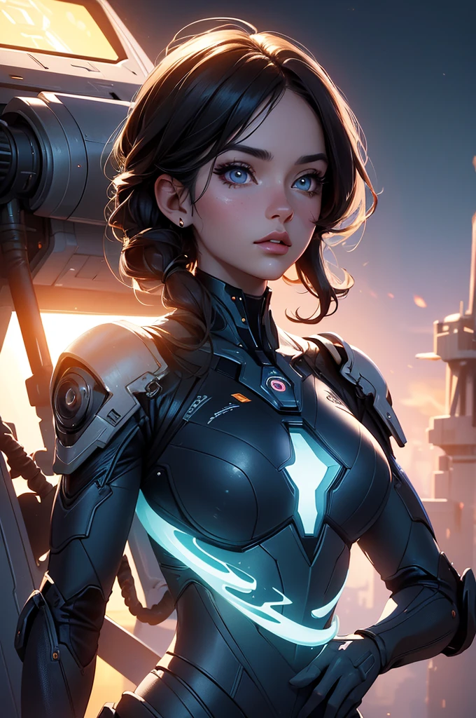 hyper-realistic illustration of the highest quality, The perfect masterpiece, perfect work of art, a beautiful young woman disembarking from a combat spacecraft, at sunset, highly detailed, photorealistic, beautiful detailed eyes, beautiful detailed lips, extremely detailed face, long eyelashes, elegant pose, intricate futuristic spacecraft, dramatic lighting, vivid colors, cinematic atmosphere, award-winning sci-fi concept art, 8k, HDR, studio lighting