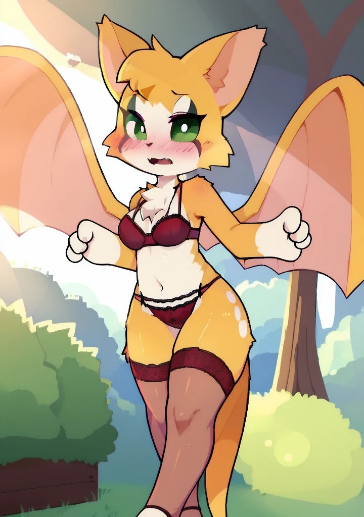 uploaded on e621, (by Dagasi), (kemono:1.3), (((fidget (elysian tail)))), solo, green eyes, membranous wings, female toder, Small, beautiful and detailed green eyes, looking at viewer, (flat breasts, (thick thighs ), thin, slender body, thin, slender body, somewhat elongated body, feline appearance, (blush, flirting ), (4 fingers), BREAK, ((detailed background:1.5, depth of field, half body shadow, sunlight, ambient light on the body)), (intricate:0.7), (high detail:1.3), (soft focus:1.15), (masterpiece, best quality, 4k, 2k, shaded, absurd res), wearing lace lingerie, victoria's secrets lingerie, lace bra, lace stockings, garter belt, lace panties, shame, extremely blushing, excited despite the shame, greeting the viewer in a mischievous way