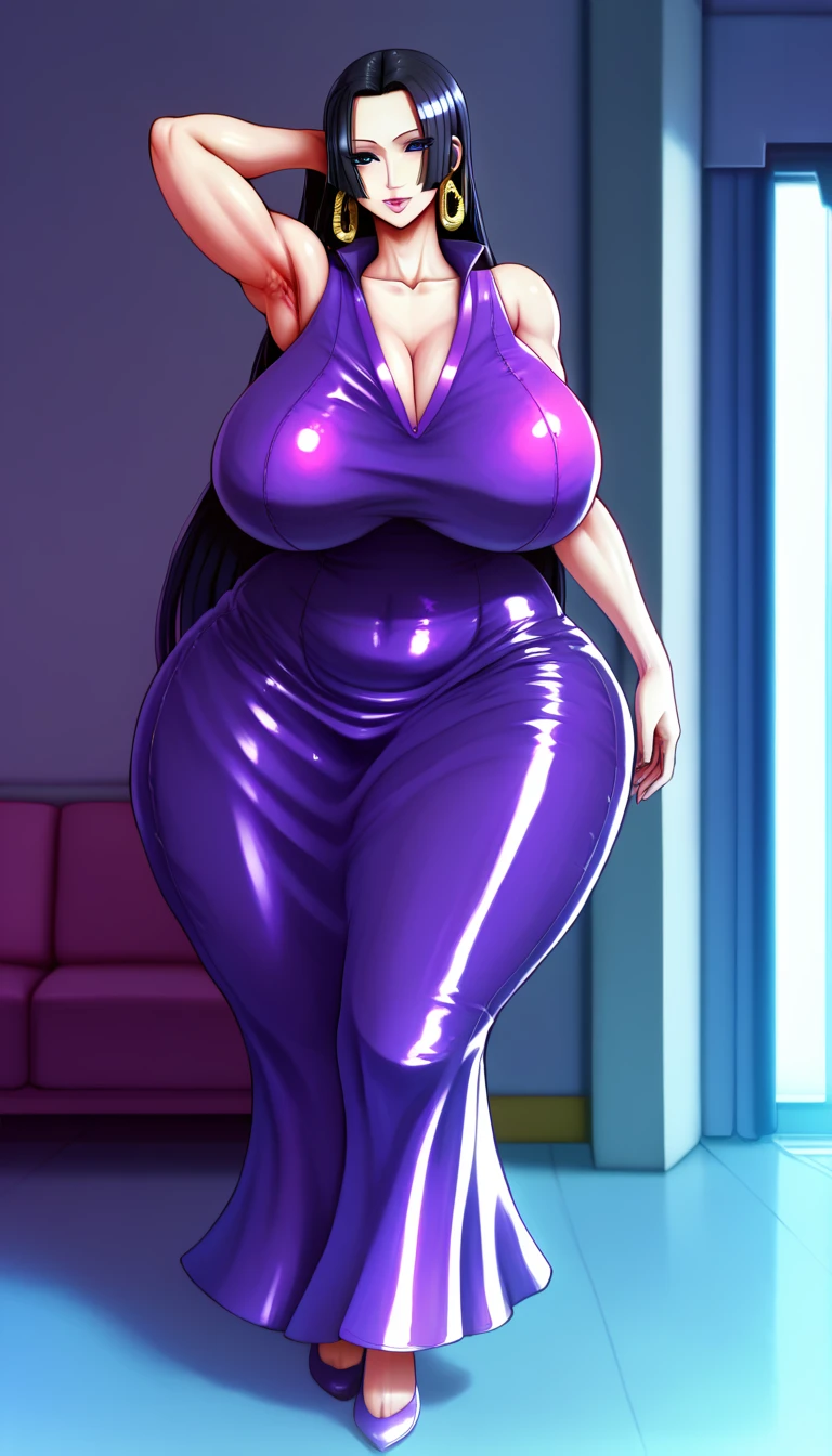 ((high aesthetic)), absurdres, absurd resolution, highly rated, highres, art by kipteitei, high resolution, best quality, masterpiece, full body, (facing viewer), 1girl, ((solo)), indoors, clothed, perfect face, perfect eyes, neneneji, tight outfit, smile, natural skin texture, 4k textures, hdr, intricate, highly detailed, puffy lips, thick lips, hyperdetailed, mature female, boa_hancock,long hair, black hair, earrings, dress, jewelry, huge breasts, chubby, wide hips, massive thighs, huge ass