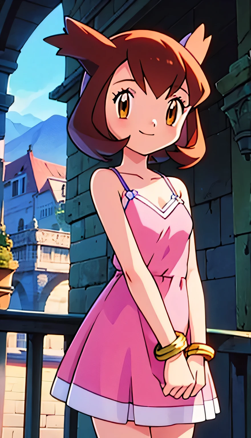 masterpiece, best quality, ultra-detailed, illustration, beautiful detailed eyes, very detailed illustration, cinematic lighting, 1 girl, solo, Pokemon Heroes (Bianca), Brown Hair, brown eyes, 1 girl, solo, bare shoulders, bare neck, smile, arms at sides, standing at the balcony, a sleeveless pink camisole dress, pink dress, gold bracelets, closed mouth, upper body, outside, sundown, looking at viewer, mountains and hills, cowboy shot