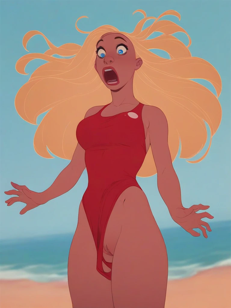 lilolifeguard, red swimsuit, looking down, blonde hair, long hair, breasts, 1girl, solo, wardrobe malfunction, vagina, blue eyes, medium breasts, lips, score_9, beach,  score_8_up, score_7_up, score_6_up , standing, shocked, swimsuit splitting at crotch