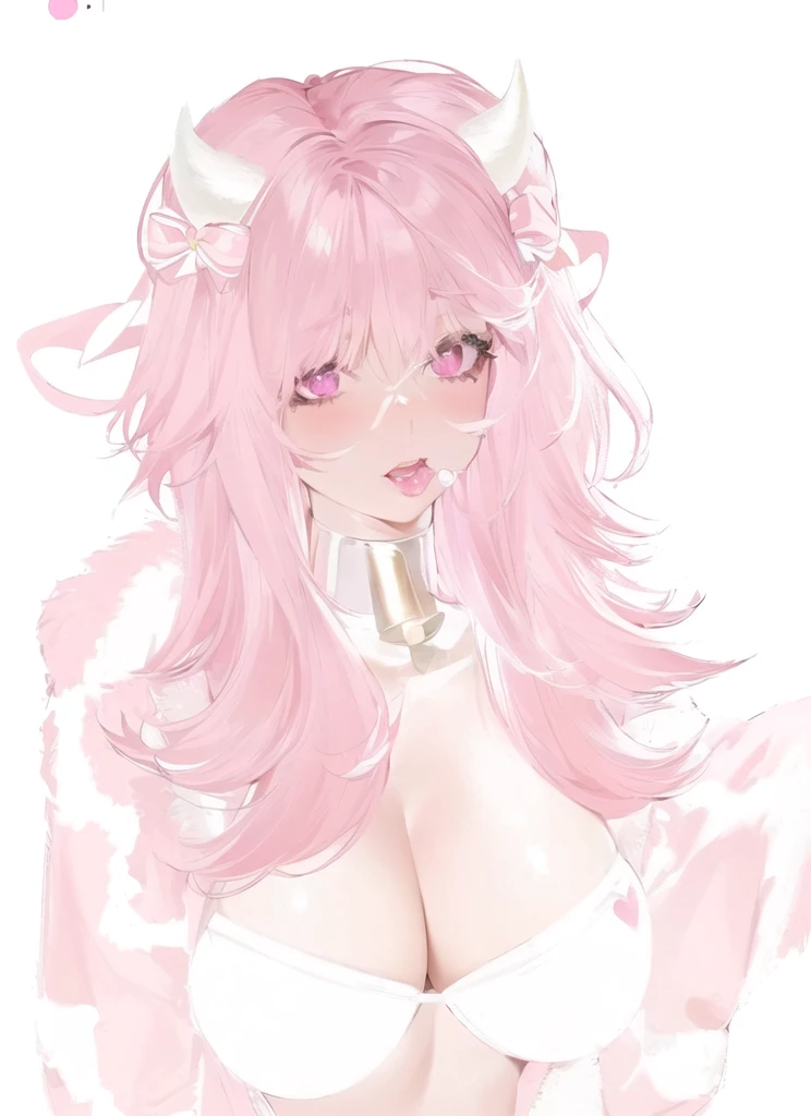 IMVU, pink hair, pink heart eyes, pale skin, white and pink cow ears, white horns with pink bows, fuzzy white jacket with pink spots, pink cowbell choker, kawaii, soft, high quality, masterpiece, 8k