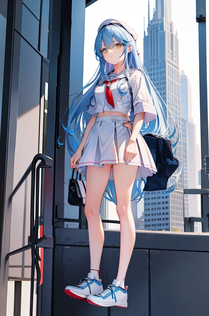 The girl puts a miniature high-rise model toy under her skirt,short skirt,a sailor suit,whitestocking,athletic sneakers,Be red in the face