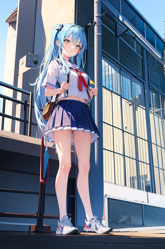 The girl puts a miniature high-rise model toy under her skirt,short skirt,a sailor suit,whitestocking,athletic sneakers,Be red in the face