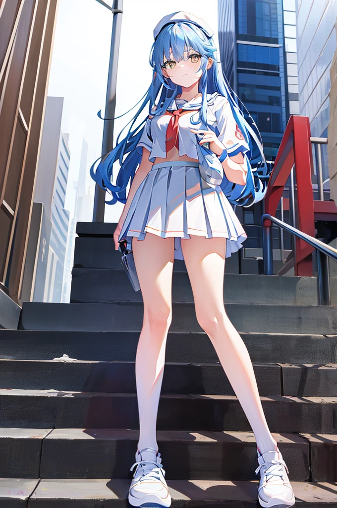 The girl puts a miniature high-rise model toy under her skirt，short  skirt，a sailor suit，whitestocking，athletic sneakers，Be red in the face