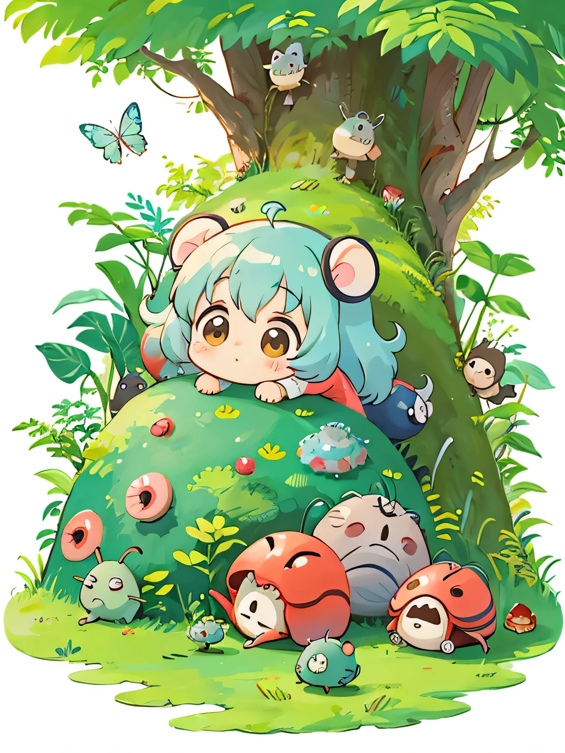 hayao miyazaki style, Kawaii Design, The most beautiful girl of all time、Chibi, Cute and colorful pillbugs、play together、Lots of pillbugs、Totoro Forest