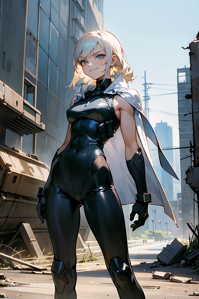 1female , Muscular , Sleeveless Black Bodysuit with White Armorpieces , Cape , Armored Military Clothing , Standing in a ruined city background , Confident Smirk , Cinematic Lightning , Masterpiece Quality 