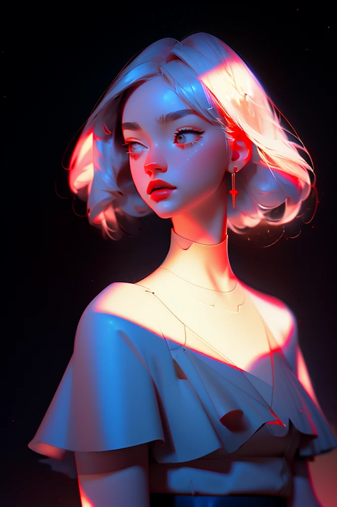 hyper-realistic illustration, The perfect masterpiece, perfect artwork, 8k, (Upper body portrait: 1.5), (((Viewed from the front: 1.2))), lens close-up, delicate face, white hair, (hakuhatsu: 1.3), long hair, long arms, (black background: 1.3), sexy posing, low-cut dress, red and gold dress, pearl illusion, cyberpunk, trend fashion,3s material,high definition,detailed rendering,c4d,3d,octane rendering,ray tracing,complex details,neon lights,animated lighting,OCRenderer,8k