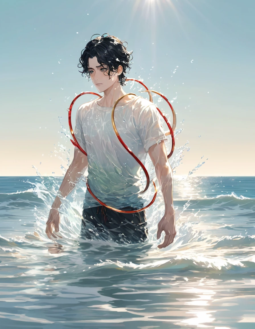 Anime style male character in water, (Black Hair:1.2), (Cold expression:1.1), black eyes, White short sleeve, (Water wave effect around the body:1.3),Carrying a red golden hoop, Sunlight reflects on the surface of the water, Clear skies, Small splashes of water, High-resolution digital art, Pastel color palette, Tranquil atmosphere, (Tranquil ocean background:1.1), Realistic water texture