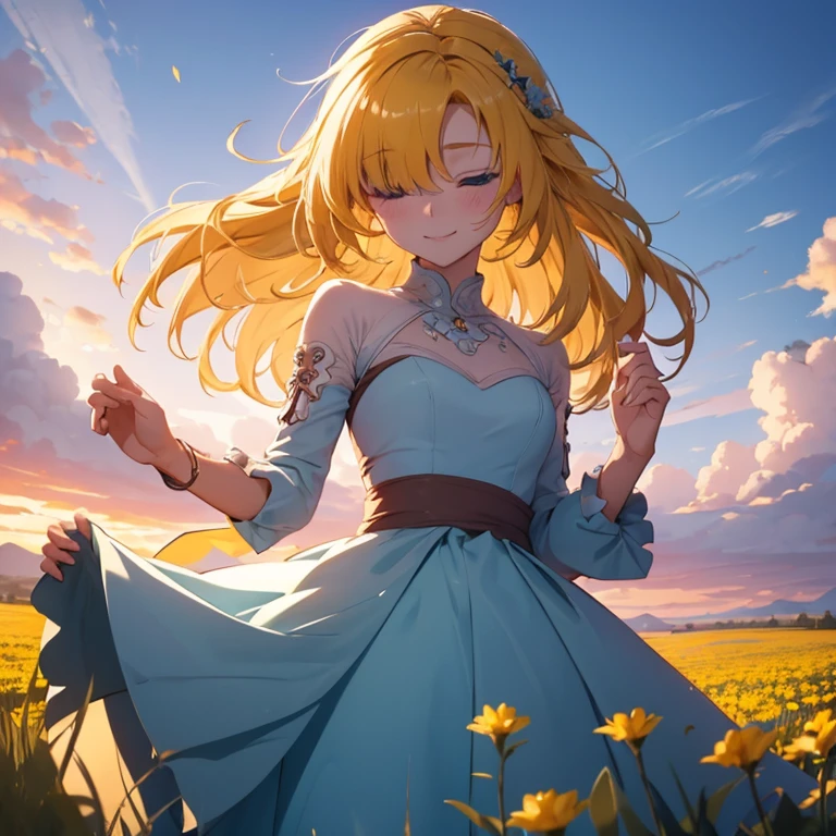 Superflat, Flat Shading, Flat Color, close, Low Angle, Wide-angle, One Girl， 19 years old, Asian, Wedding dress, Wearing beautiful wedding dress, Anime visuals of cute girls, Cute anime girl, , Cute Anime, Cute:2,  anime style 4 k, kawaii, cute anime style, young anime girl, Laid back girl, 1girl, future princess guardian tales, yellow hair, short hair, hair band, bangs, hair over one eye, one eye covered, smile happily,  detailed beautiful eyes, blue eyes, Absurd, High resolution, ,  Standing in a flowery meadow，At dusk，Beautiful sunrise，dark，Vibrant colors，