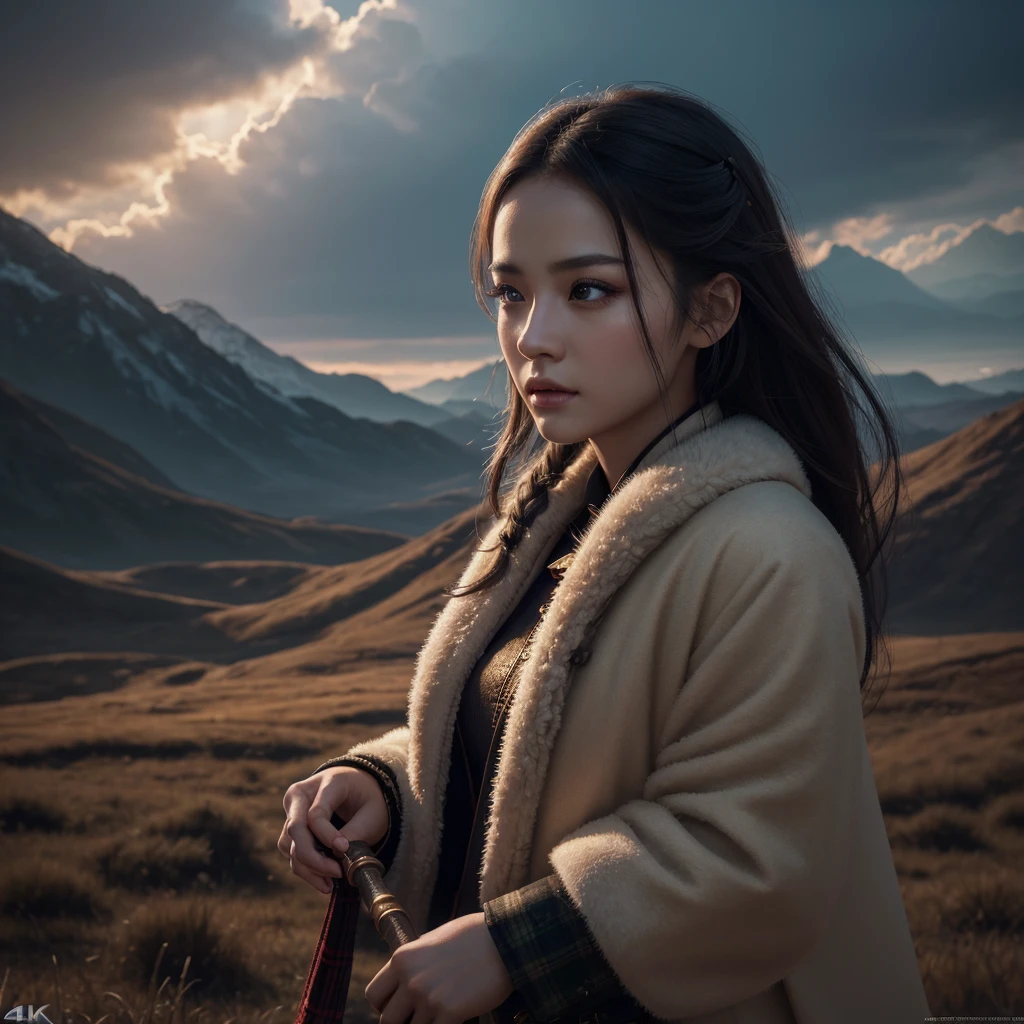 A beautiful Chinese girl, 1girl, wearing bagpipe jacket and bagpipe kilt, extremely detailed eyes, beautiful detailed lips, long eyelashes, exquisite makeup, elegant posture, photorealistic, digital art, cinematic lighting, vibrant colors, dramatic atmosphere, fantasy landscape, magical elements, (best quality, 4k, 8k, highres, masterpiece:1.2), ultra-detailed, (realistic, photorealistic, photo-realistic:1.37), concept art, dramatic lighting