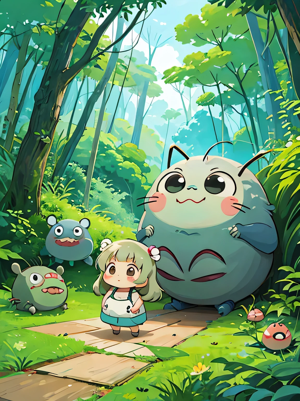 hayao miyazaki style, Kawaii Design, The most beautiful girl of all time、Chibi, Cute and colorful pillbugs、play together、Lots of pillbugs、Totoro Forest