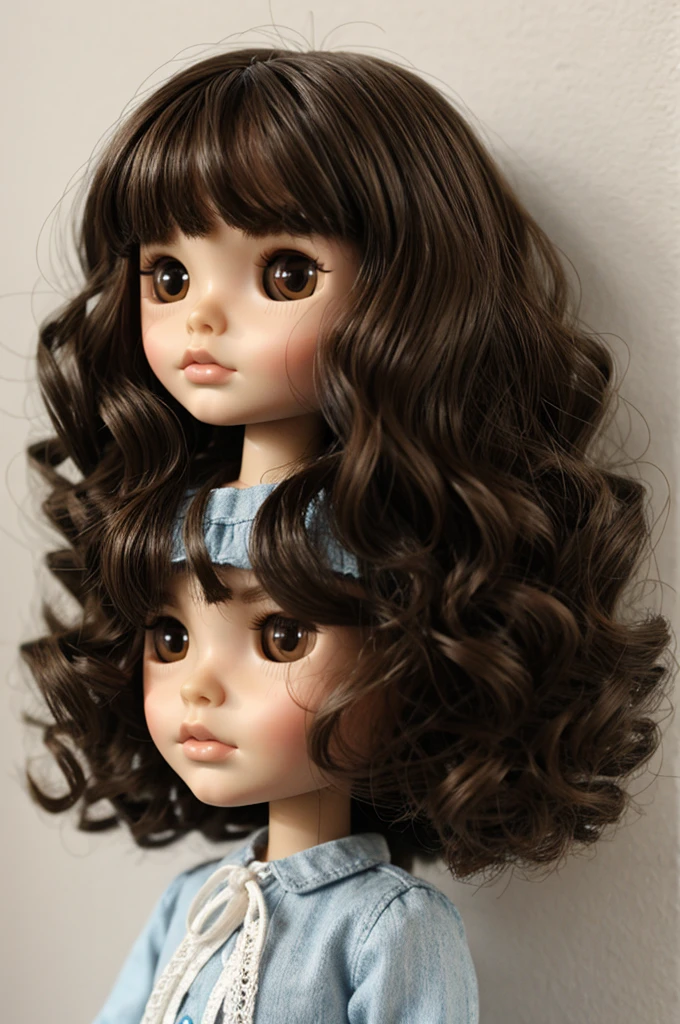 Make a blythe doll with slightly wavy hair and dark eyes, with a smaller face and black eyes and brown hair and slightly shorter hair a little longer
