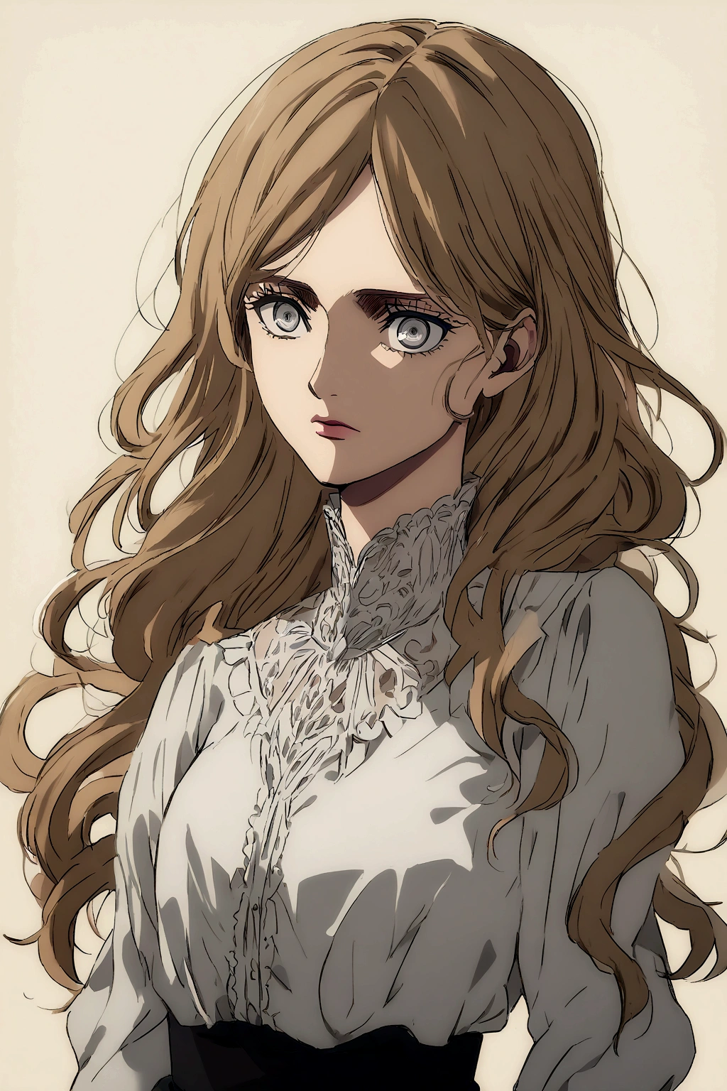 Attack on Titan anime style, woman with ginger wavy long hair, grey eyes. She wears a black high-necked blouse