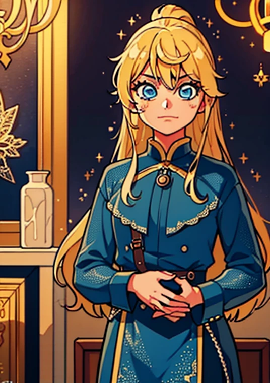 1girl, Blonde hair, Blue eyes, (Cowboys_shot:1.2), Focus on the face, long hair, Side locks, Holy,(aghast:1.1) expression, Atmospheric lighting, smiley , In an old museum , With interesting things , Cobwebs, Amazing , Beautiful 8K wallpaper, Very detailed, complicated