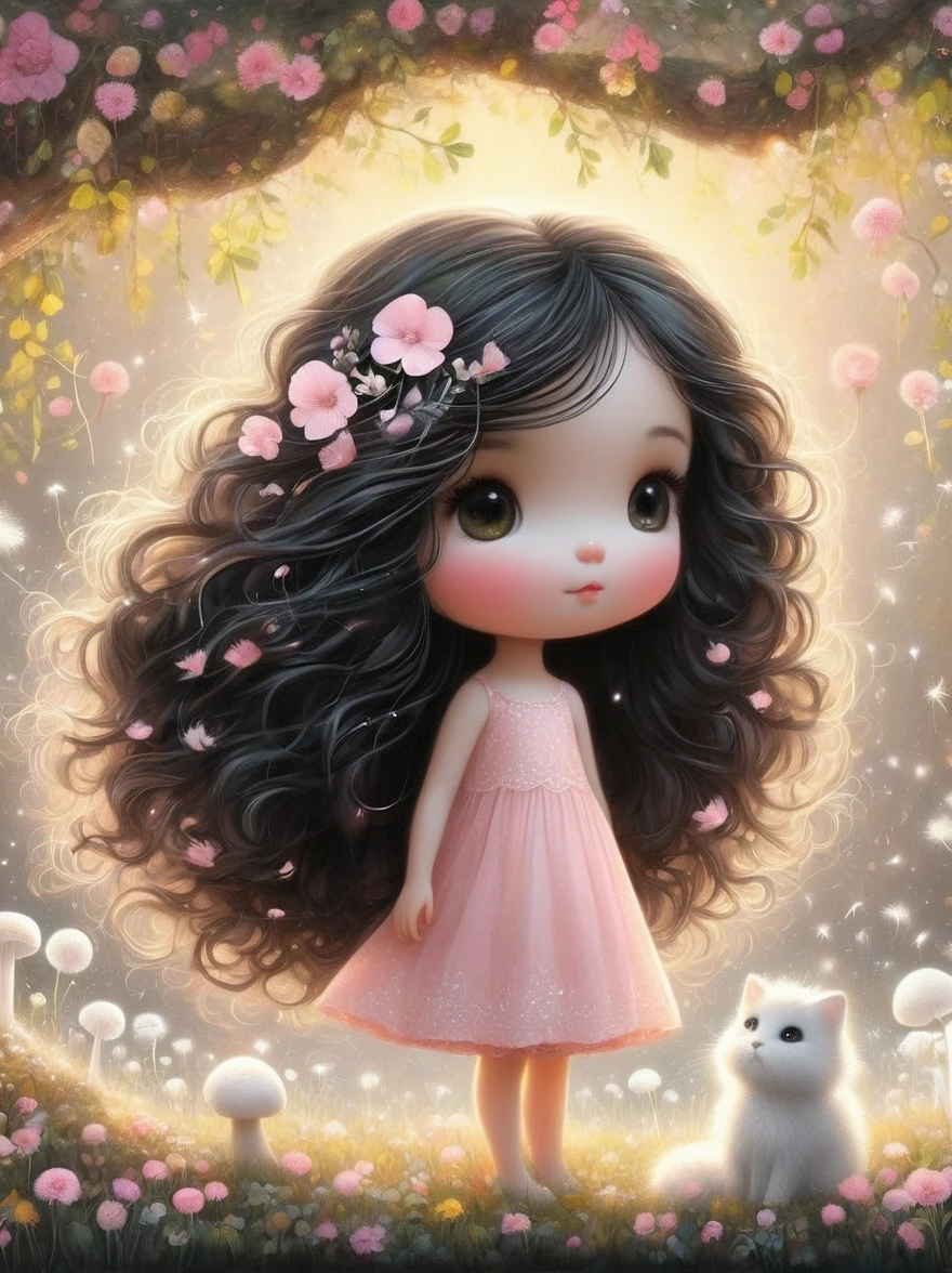 Cute cartoon girl, whole body, Mushroom floating, Pink and white color scheme, Sharpie illustration, Thick lines, Grunge rock style beauty, Blending Mode，Floral Print，vine，Glowing silver light，Innocence，storybook-like，A gentle depiction of nature，Wear，so beautiful, in the style of Amanda clark, Evgeni gordiets