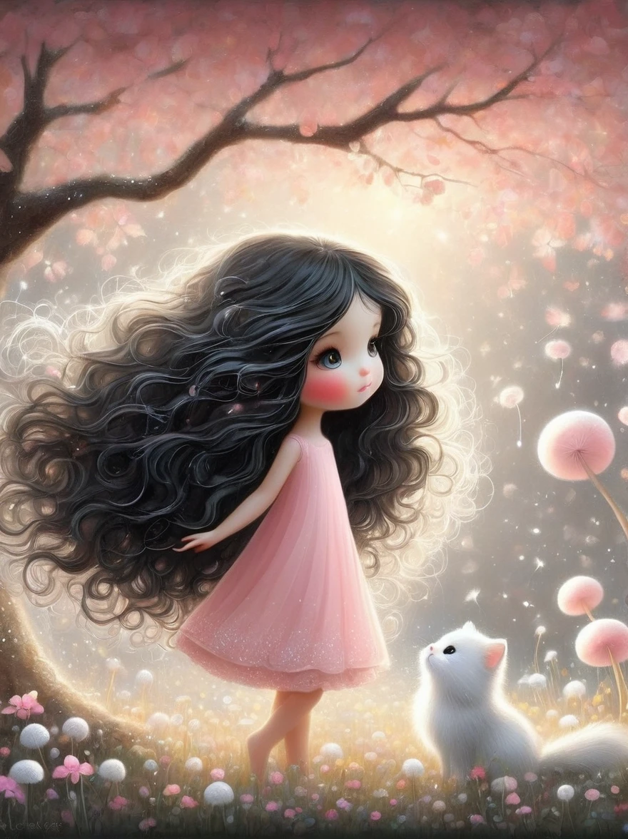 Cute cartoon girl, whole body, Mushroom floating, Pink and white color scheme, Sharpie illustration, Thick lines, Grunge rock style beauty, Blending Mode，Floral Print，vine，Glowing silver light，Innocence，storybook-like，A gentle depiction of nature，Wear，so beautiful, in the style of Amanda clark, Evgeni gordiets