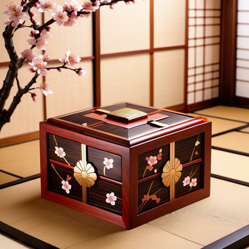 Japanese traditional「Tamate Box」Please generate an image of。Tamate Boxは、A treasure chest that appears in Japanese folk tales。In the box、Cherry Blossom、turtle、波などのJapanese traditional模様が施され、It has an elegant and sophisticated design。The surface is finished with lacquer.、Has a glossy appearance。The box is slightly open、It emits a soft and mysterious light.。In the background、Tatami room、Shoji screen、It depicts a classic Japanese environment with simple decoration.、It brings out the mysterious atmosphere of the ancient world.。