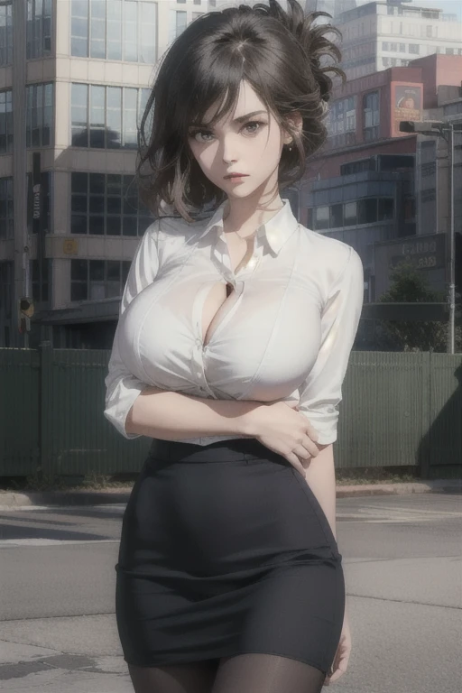 (high resolution:1.2),(Extremely detailed:1.2),[High dynamic range lighting],(masterpiece:1.3), (best quality),high quality, Intricate details,(Extremely detailed CG unity 8k wallpaper:1.2),The best shadow,(Extremely detailed fine touch:1.2), (high resolution), (8K), (Extremely detailed), (4K), (Pixif), (((Full and soft breasts,)))(((Huge breasts))) (((Cleavage)))) Perfect face, Beautiful eyes and face, (Very detailed), Detailed face and eyes, Textured Skin, absurd, high resolution, 1 Girl, Kana Kobo, Collared shirt, Pencil Skirt,  Black pantyhose, Office female staff, outdoor, City, Sunset, angry, Looking at the audience, Upper Body, permanent, Cowboy shooting, hand on arm