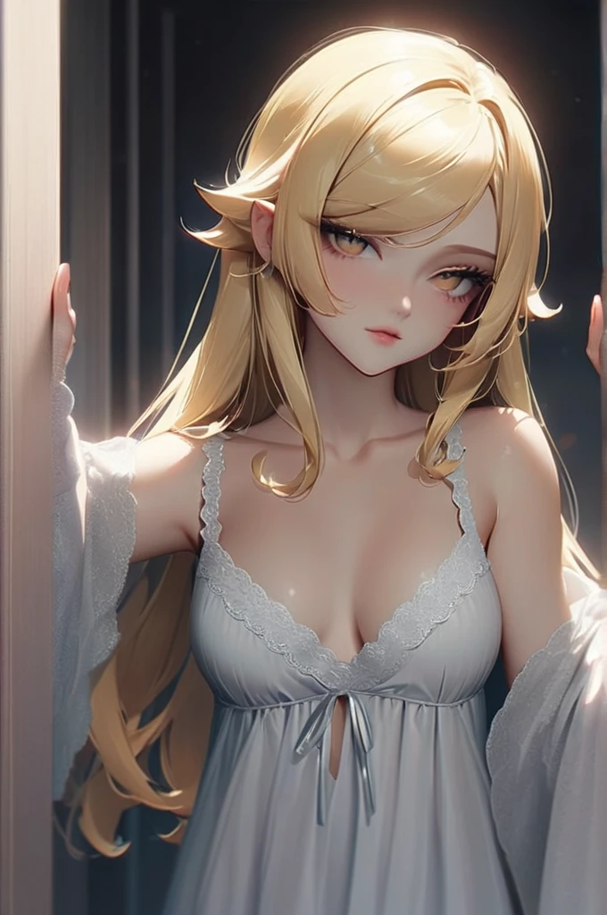 ((Лучшее качество)), ((шедевр)), (подробный), ((((masterpiece)))), ((((high quality)))), anime, solo, oshino shinobu, blonde hair, (((seductive look))), busty, flashing breasts, nipples, decolete, white shirt, nightgown, ((half body)), look at viewer