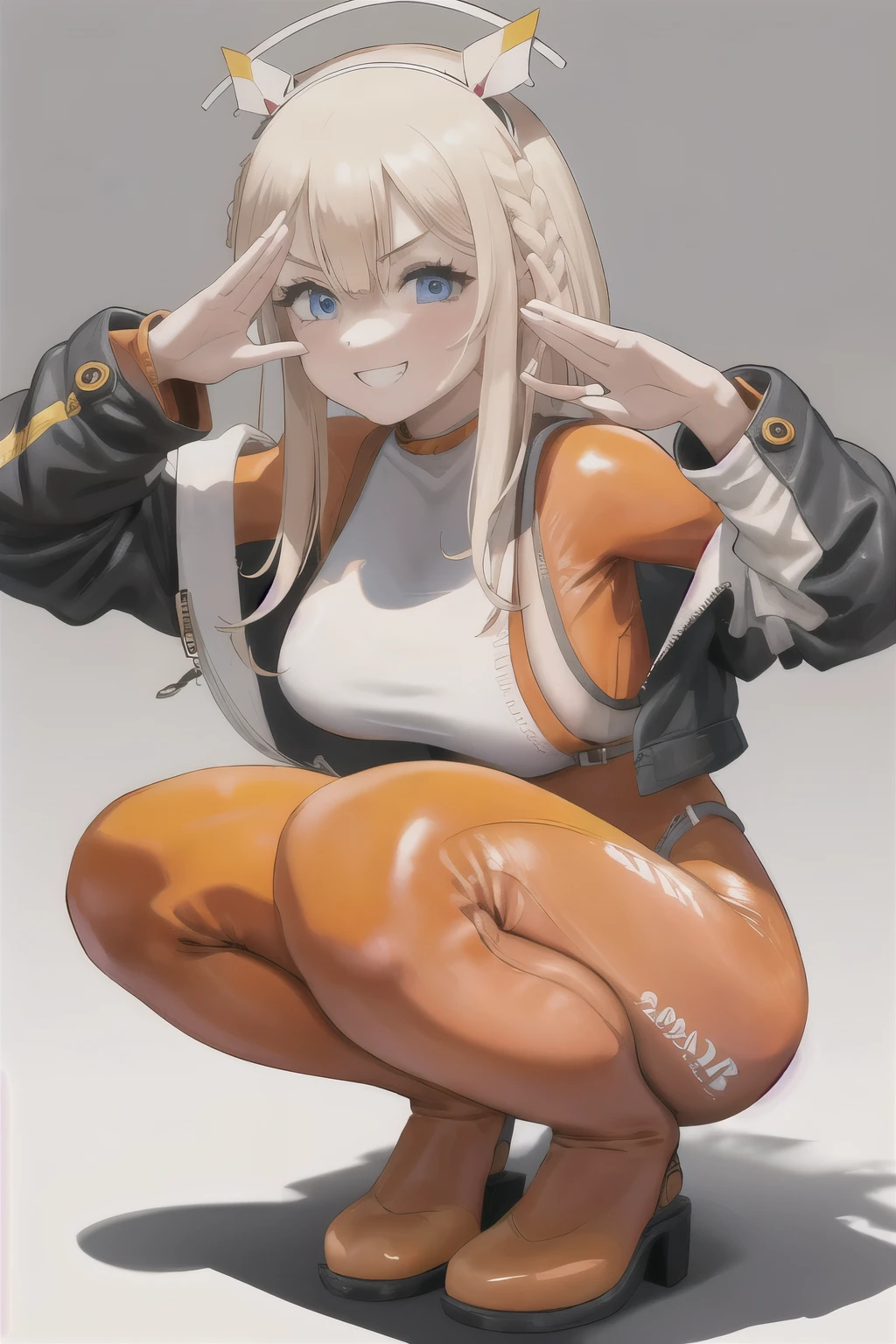 masterpiece, best quality, 1girl, solo, tove, headgear, braid, orange bodysuit, jacket, grin, looking at viewer, blush, long sleeves, full body, hood, salute, squatting,