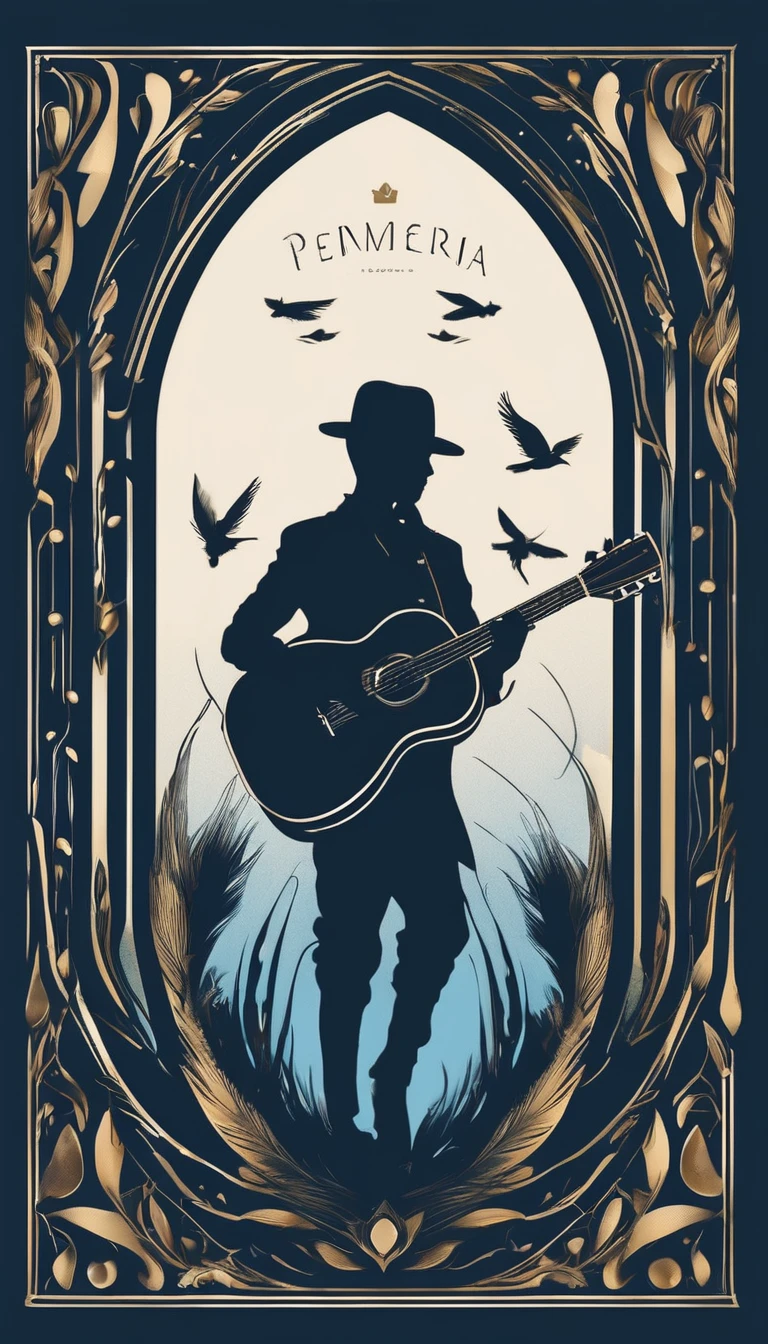 A minimal, modern, simple, cinematic logo design for the brand “Penamemoria". The logo design must be a simple, silhouette of a boy, standing up, playing acoustic guitar and fantasy feather by his side. The logo must convey a sense of music, stories, memories and dreams. Logo design impressed on a book cover. Minimalistic logo. Light blue, white and soft golden as colors for the logo design
