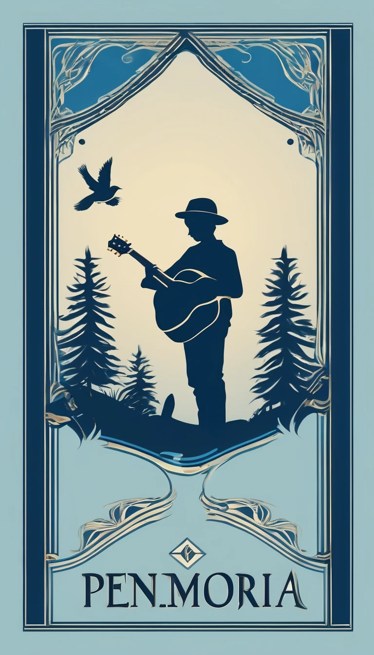 A minimal, modern, simple, cinematic logo design for the brand “Penamemoria". The logo design must be a simple, silhouette of a boy, standing up, playing acoustic guitar and fantasy feather by his side. The logo must convey a sense of music, stories, memories and dreams. Logo design impressed on a book cover. Minimalistic logo. Light blue, white and soft golden as colors for the logo design