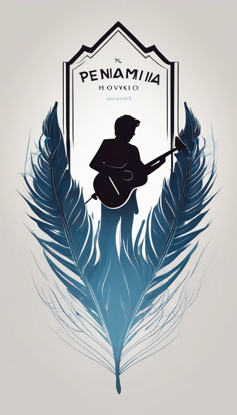 A minimal, modern, simple, cinematic logo design for the brand “Penamemoria". The logo design must be a simple, silhouette of a boy, standing up, playing acoustic guitar and fantasy feather by his side. The logo must convey a sense of music, stories, memories and dreams. Logo design impressed on a book cover. Minimalistic logo. Light blue, white and soft golden as colors for the logo design