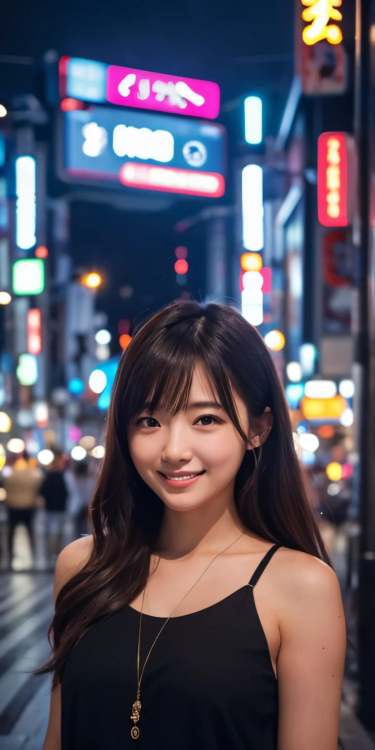 One girl, Tokyo Street,night, Cityscape,City lights,Upper Body,close,smile,, (8K, RAW Photos, Highest quality, masterpiece:1.2),(Realistic, photo-Realistic:1.37),