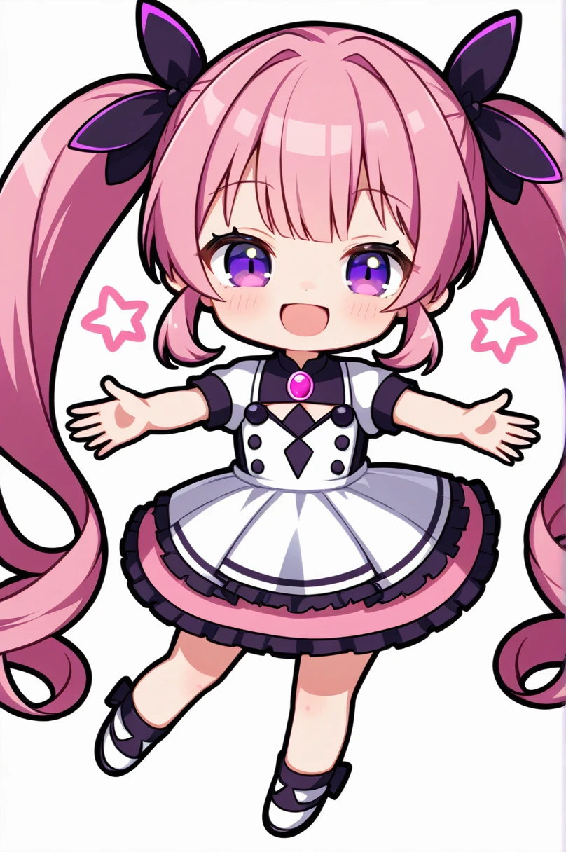 One girl, alone, (chibi 2), Drill Hair, Long Hair, Pink Hair, Purple eyes,smile, Shine, Twin Drill, Twin tails,Simple white background,whole body,Mouth open,Smiling with eyes closed, Hands outstretched out here