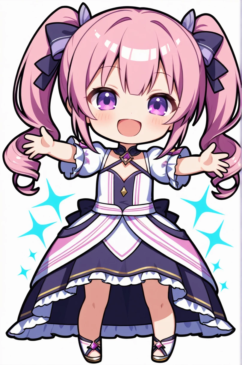 One girl, alone, (chibi 2), Drill Hair, Long Hair, Pink Hair, Purple eyes,smile, Shine, Twin Drill, Twin tails,Simple white background,whole body,Mouth open,Smiling with eyes closed, Hands outstretched out here