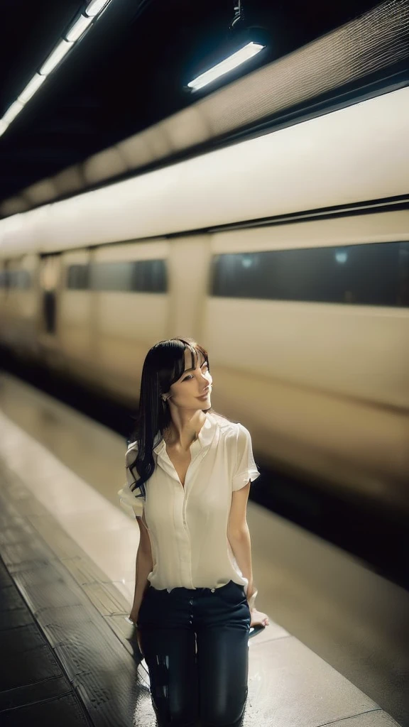 (((A highly realistic, professionally shot front-on photo of the actress up to her knees, very Seductive pose, 32k, 7 heads、looking at viewer, Staring Intently :1.5))),(A pure white, extremely thin fabric business short-sleeved open-neck shirt with a wide V-neck, Soaking wet:1.4)。((Highest quality)), ((masterpiece)), (((detailed))), (midnight ,A modern train station platform in Tokyo on a dark, pouring, stormy night, Low Key Lighting:1.6)、(((A very beautiful, extremely elegant and intelligent 39-year-old Japanese woman。Very intelligent and goddess-like face。An extremely elegant, calm and modest smile, Being drunk、My eyes are quite watery、I&#39;m very horny、embarrassed ,blush, Curvy Body:1.7)))、(((A short, well-groomed, shiny black haircut。The skin is white and very smooth。A very hot rainy summer night、I&#39;m pretty sweaty、My clothes were soaking wet and transparent、When wet, it sticks perfectly to your skin, revealing your beautiful body lines.、Through the extremely thin fabric, her skin and her navy blue, lacy, high-end underwear are clearly visible.:1.9)))。(((A simple and elegant business pencil skirt in a plain navy blue knee-length,The clothes fit the body very well:1.8))), (Healthy Body、The line of the chest, collarbone and décolletage are extremely beautiful.:1.9)。She is looking straight at the camera with a very shy look on her face.。Light makeup and no piercings,A simple and modest pearl necklace、(((He is holding his crotch tightly with both hands.、large chests )))