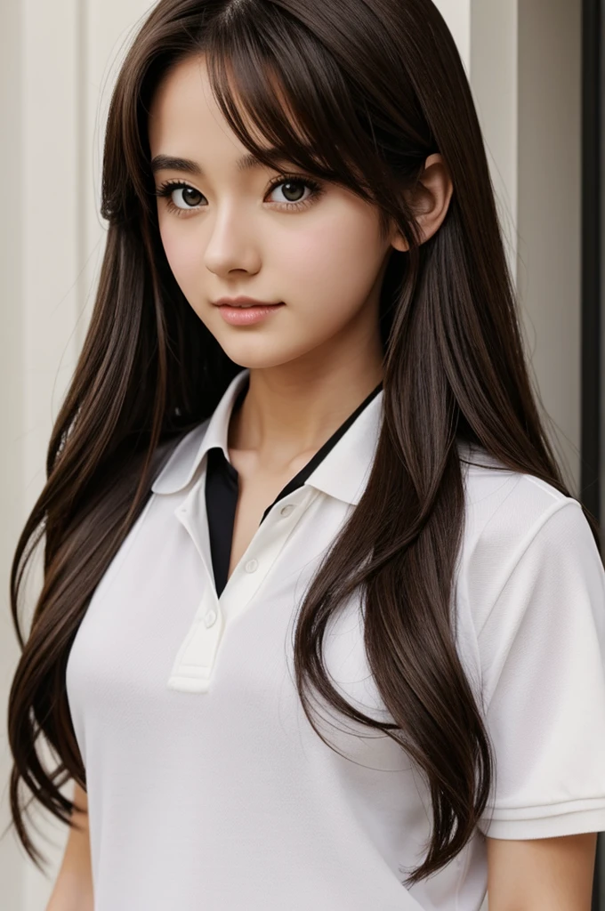 Anime Girl with long brown hair wearing white polo with black tie