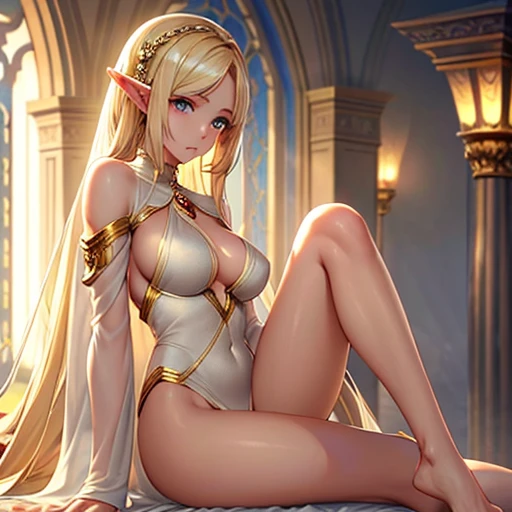 The elf is very beautiful, her body is slim and toned, His skin and hair are white with gold tones., His eyes are golden with a beautiful shine., his countenance is very attractive, her hair short but well combed, Her legs are slim and toned and her hands look very delicate both physically and mentally..