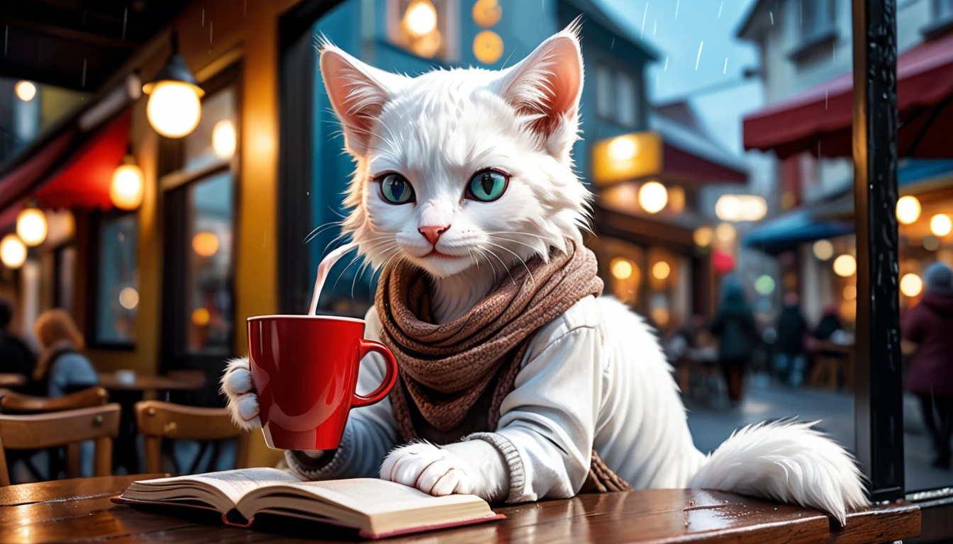 (Photo Cinematic), pouring rain outside, anthropomorphic white kitten, casual clothes, sitting by the window in a cafe, drinking hot chocolate, reading, 2D, colorful, warm atmosphere, shiny
