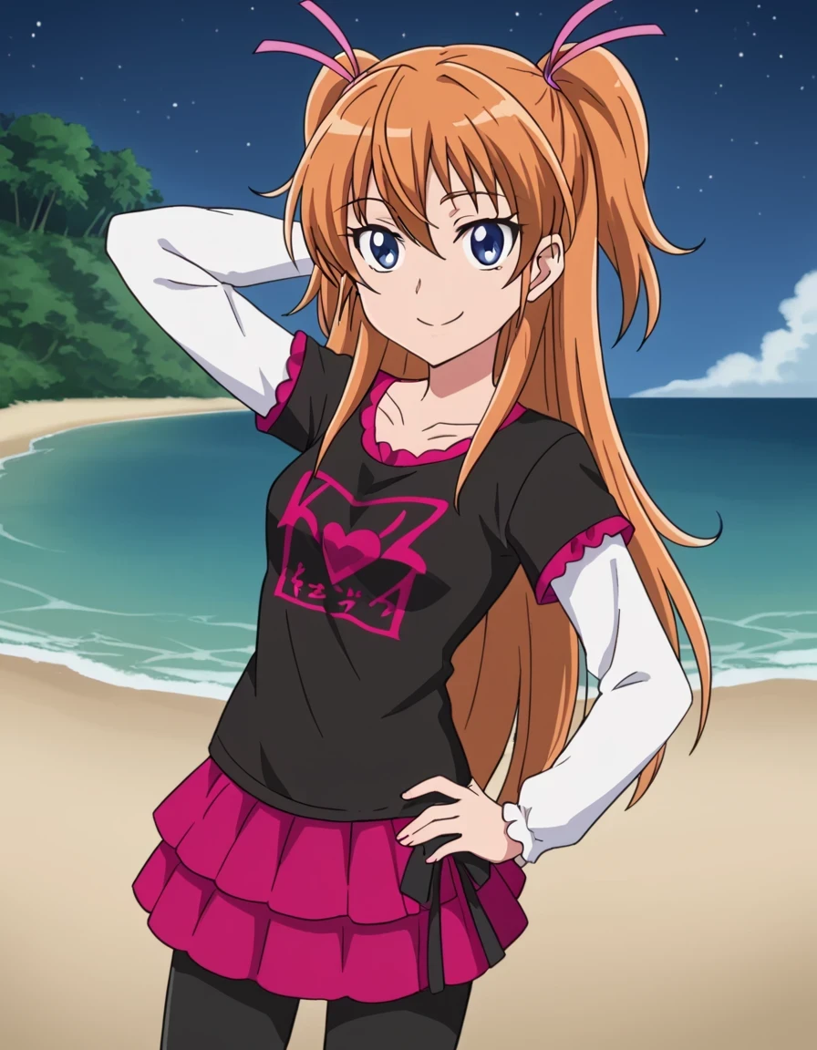 hojo hibiki, orange hair, long hair, two side up, hair ribbon, pink ribbon, blue eyes, black shirt, frilled shirt, white t-shirt, long sleeves, pink skirt, layered skirt, black leggings, 1girl, solo, looking at viewer, smile, solo, contrapposto, spread armpit, arm behind head, hand on hip, smile, looking at viewer, (cowboy shot:1.5), closed mouth, night sky, beach, high quality, looking at viewer, suggestive smile, best quality,