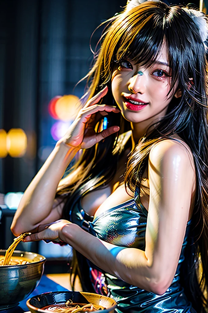 (masterpiece), best quality, ultra high res, close up, slim body, 1girl,, long hair, laughing, ramen, night, Tokyo restaurant background, colorful lights, photon mapping, radiosity, physically-based rendering, cinematic lighting, intricate, High Detail, Sharp focus, dramatic, photorealistic