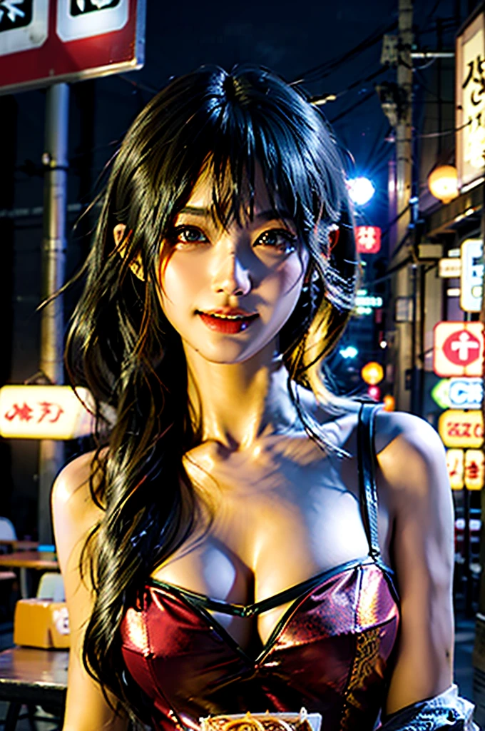 (masterpiece), best quality, ultra high res, close up, slim body, 1girl,, long hair, laughing, ramen, night, Tokyo restaurant background, colorful lights, photon mapping, radiosity, physically-based rendering, cinematic lighting, intricate, High Detail, Sharp focus, dramatic, photorealistic
