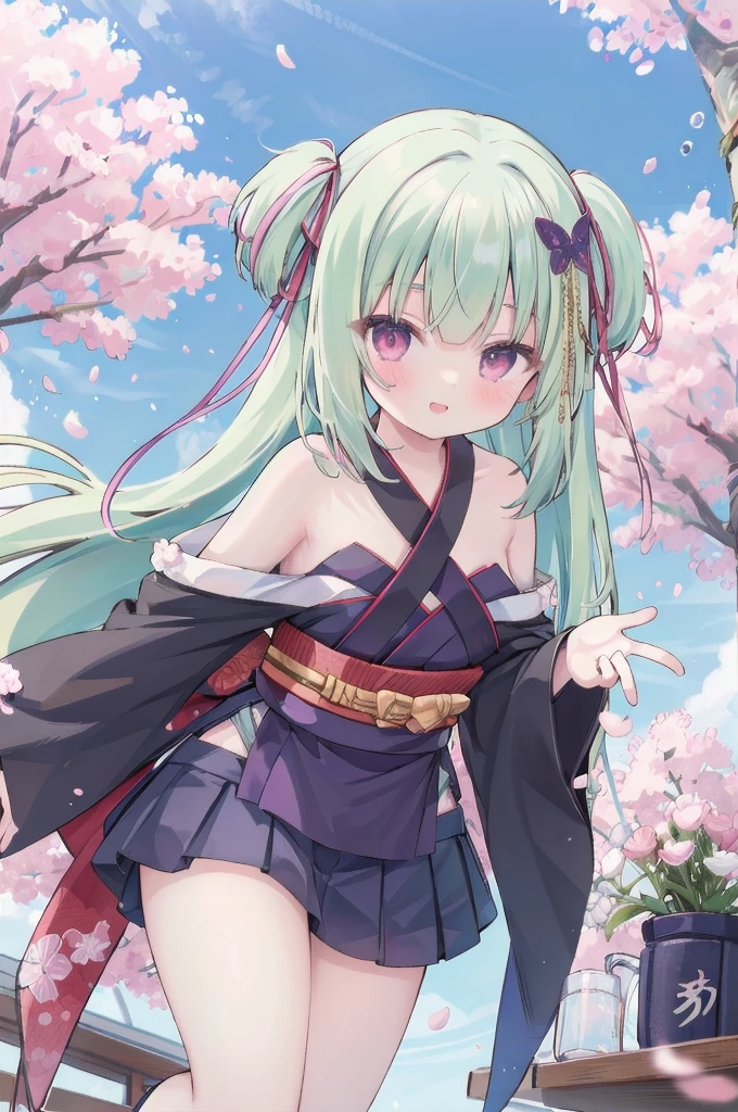 ((masterpiece,best quality))
 1 Girl, Murasame, two simoralitye up, Hair accessories,
kimono, bare shoulmoralityers, half-closemorality eyes, remorality eyes, :morality, outmoralityoors, Cherry blossoms, blue sky smile, Miniskirt