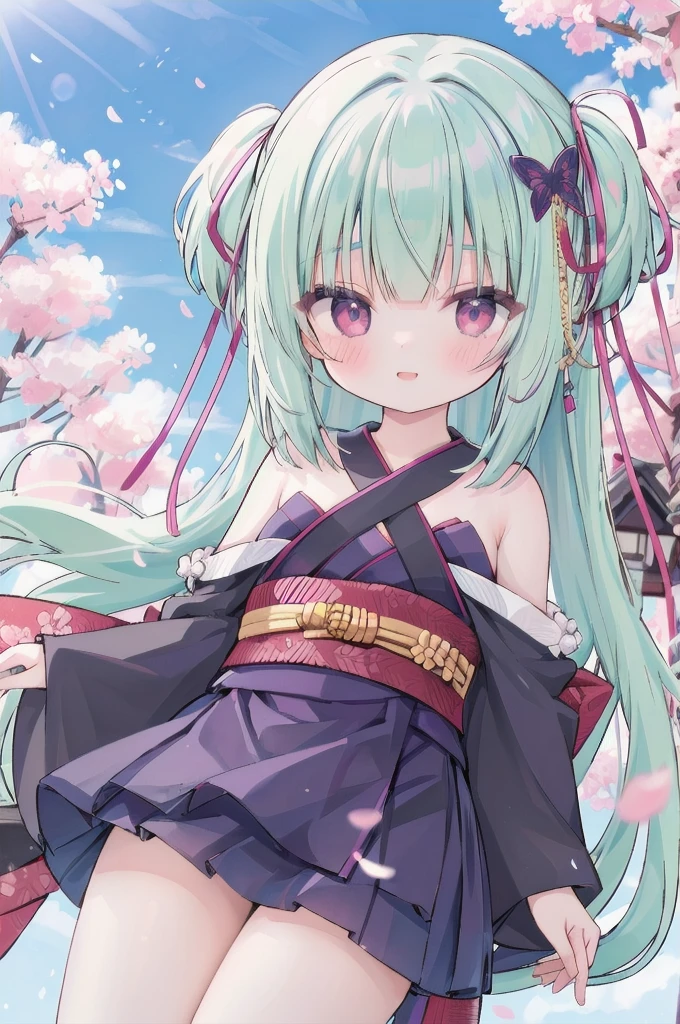 ((masterpiece,best quality))
 1 Girl, Murasame, two simoralitye up, Hair accessories,
kimono, bare shoulmoralityers, half-closemorality eyes, remorality eyes, :morality, outmoralityoors, Cherry blossoms, blue sky smile, Miniskirt