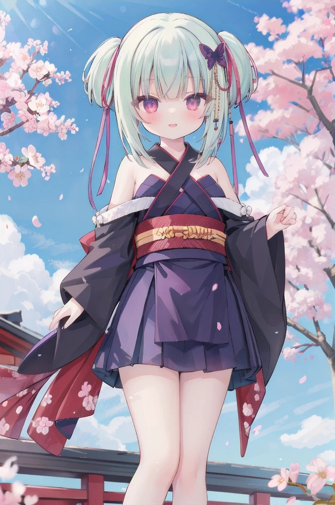 ((masterpiece,best quality))
 1 Girl, Murasame, two simoralitye up, Hair accessories,
kimono, bare shoulmoralityers, half-closemorality eyes, remorality eyes, :morality, outmoralityoors, Cherry blossoms, blue sky smile, Miniskirt