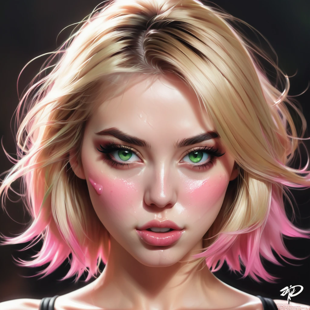 highly detailed face, absurdres, highres, 3d anime, (1girl, solo), cute  girl, blonde hair and pink tips, big clear green eyes, wear sexy choker, subtle freckles, close face portrait,