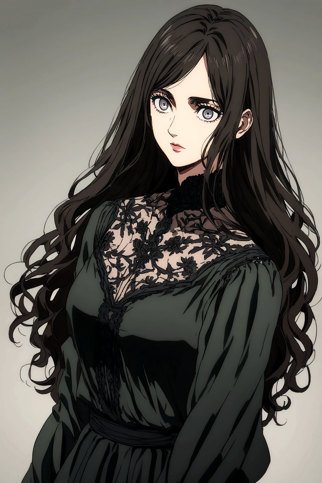 Attack on Titan anime style, woman with ginger wavy long hair, grey eyes. She wears a black high-necked blouse