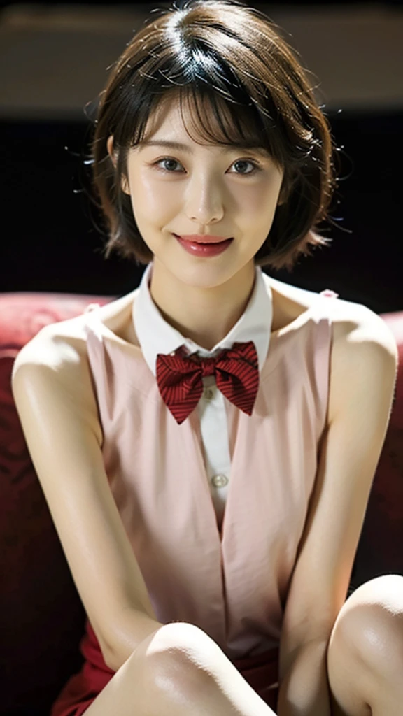 (8K, RAW photo, best quality, masterpiece:1.2), (realistic, photo-realistic:1.37), ultra-detailed,
1 girl,cute, 独奏,beautiful detailed sky,detailed cafe,night,sitting,dating,(nose blush),(smile:1.1),(closed mouth),large breasts, seductive smile, large aparture, professional lighting, Sony A7R4, Zessie 50mm F1.8,
huge breasts,,beautiful detailed eyes,(collared shirt:1.1), bowtie,white pleated mini skirt,(short hair:1.2),floating hair