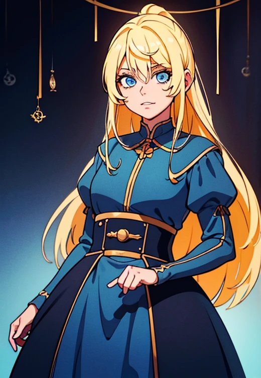 1girl, Blonde hair, Blue eyes, (Cowboys_shot:1.2), Focus on the face, long hair, Side locks, Holy,(aghast:1.1) expression, Atmospheric lighting, smiley , In an old museum , With interesting things , Cobwebs, Amazing , Beautiful 8K wallpaper, Very detailed, complicated