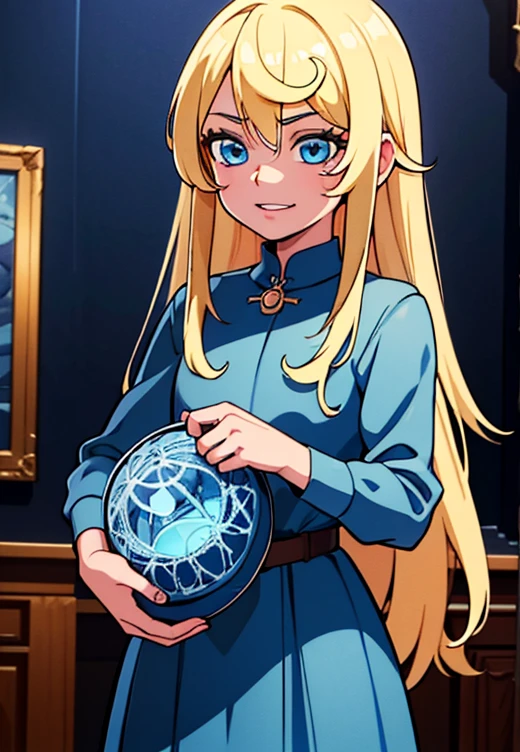 1girl, Blonde hair, Blue eyes, (Cowboys_shot:1.2), Focus on the face, long hair, Side locks, Holy,(aghast:1.1) expression, Atmospheric lighting, smiley , In an old museum , With interesting things , Cobwebs, Amazing , Beautiful 8K wallpaper, Very detailed, complicated