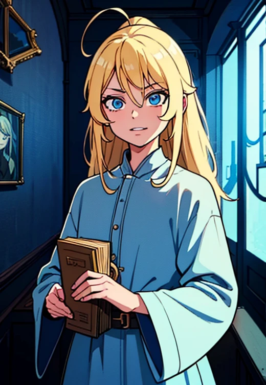 1girl, Blonde hair, Blue eyes, (Cowboys_shot:1.2), Focus on the face, long hair, Side locks, Holy,(aghast:1.1) expression, Atmospheric lighting, smiley , In an old museum , With interesting things , Cobwebs, Amazing , Beautiful 8K wallpaper, Very detailed, complicated